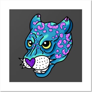 American Traditional Turquoise and teal panther with glitter and sparkles cute gift Posters and Art